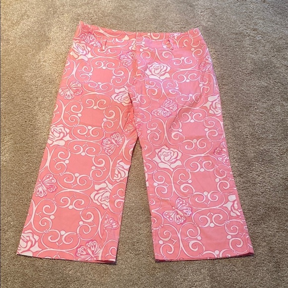 Lilly Pulitzer Women's Vtg Pink Cropped Pants Roses & Butterflies Size 2 - Picture 1 of 7